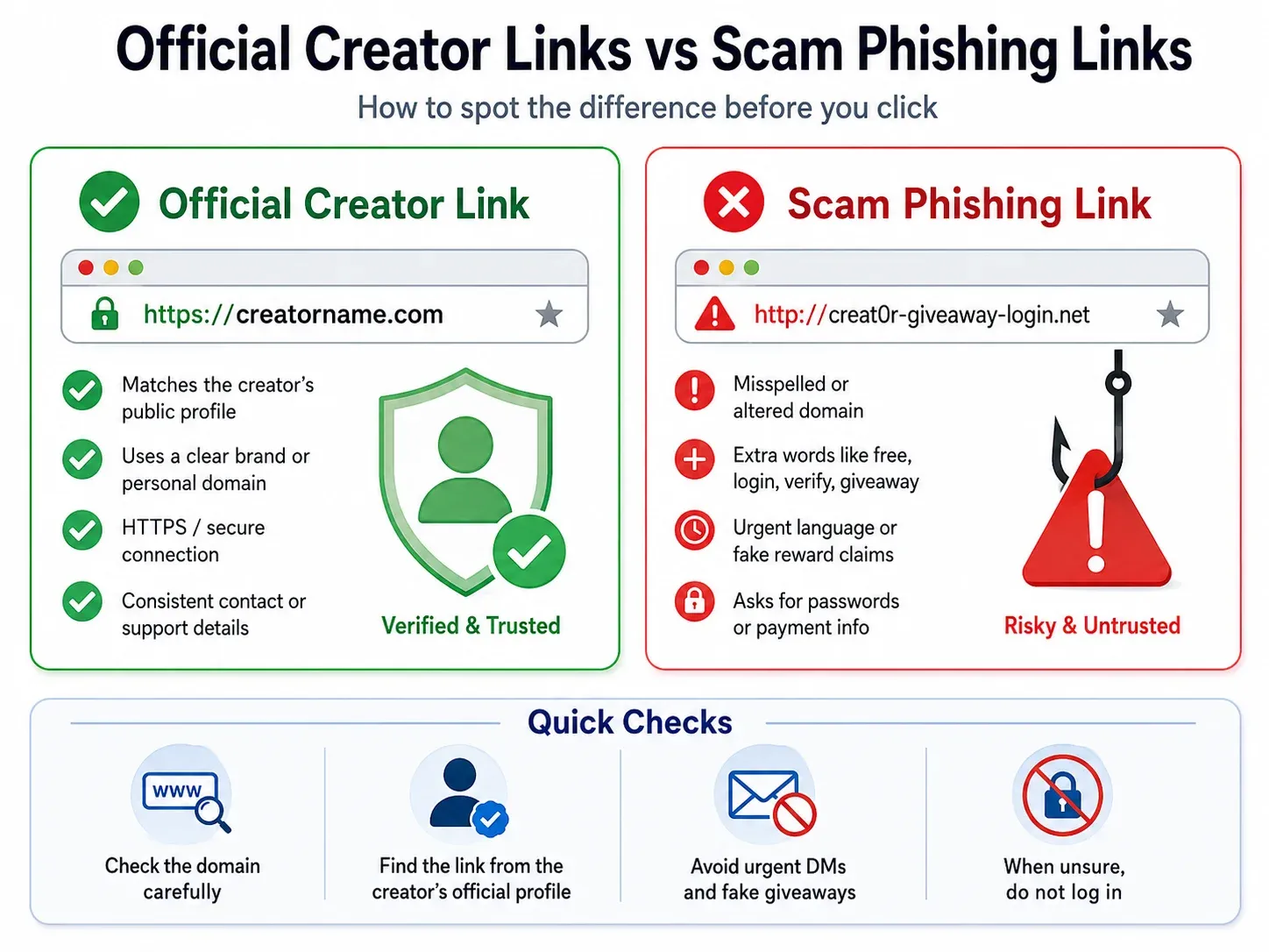 Comparison chart of official and fake creator link characteristics